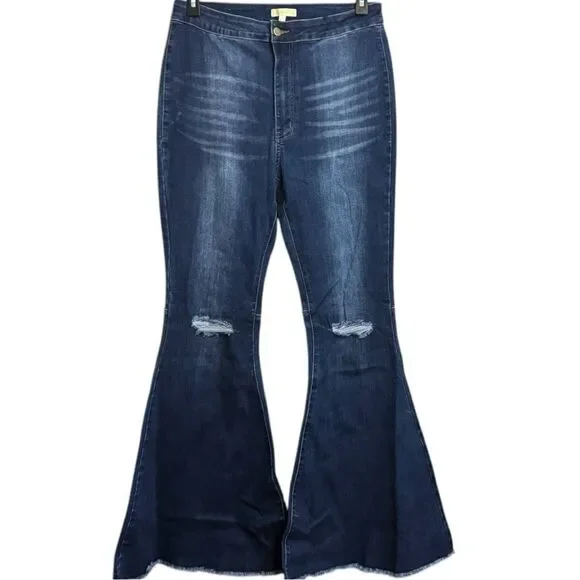 Dark Wash Distressed Knee Flare Jeans | High Rise Stretch | Raw Hem | NWT | 16 - Picture 5 of 14